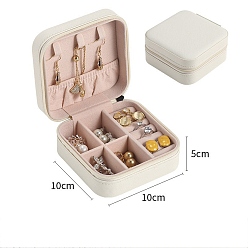 Blanco Caja cuadrada con cremallera organizadora de joyería de cuero pu, joyero de viaje portátil para pendientes, Anillos, , blanco, 10x10x5 cm
