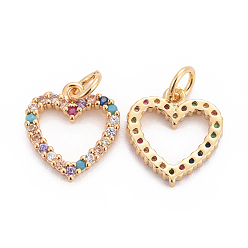 Golden Brass Micro Pave Cubic Zirconia Charms, with Jump Rings, Heart, Colorful, Golden, 13x12.5x2mm, Hole: 3mm
