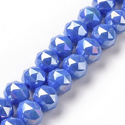 Royal Blue Electroplate Opaque Glass Beads Strands, AB Color Plated, Faceted, Round, Royal Blue, 8x7.5mm, Hole: 1.5mm, about 71~72pcs/strand, 20.87''(53cm)