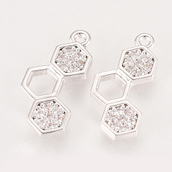 Real Platinum Plated Brass Cubic Zirconia Pendants, Real Platinum Plated, Hexagon, 17x8x2mm, Hole: 1mm