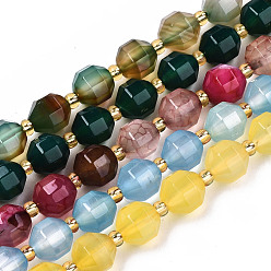 Mixed Color Natural Agate Beads Strands, Faceted, with Seed Beads, Dyed, Round, Mixed Color, 8x7.5mm, Hole: 1.2mm, Beads: 3.5x2mm, about 34pcs/strand, 15.35 inch(39cm)