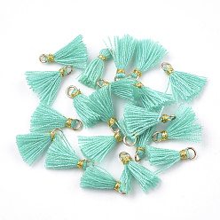 Turquoise Polycotton(Polyester Cotton) Tassel Pendant Decorations, Mini Tassel, with Iron Findings and Metallic Cord, Light Gold, Turquoise, 10~15x2~3mm, Hole: 1.5mm