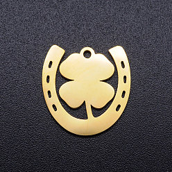 Golden 201 Stainless Steel Pendants, Horseshoe with Clover, Golden, 17x16.5x1mm, Hole: 1.5mm