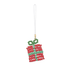 Box Christmas Glass Seed Beaded Pendant Decorations, Braided Nylon Thread Hanging Ornaments, Box, 110mm