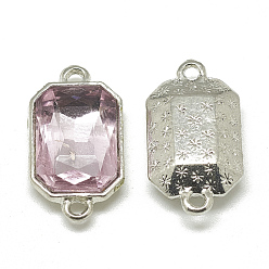 Rose Nacré Connecteurs de liens de verre d'alliage, facette, rectangle octogone, platine, perle rose, 21x12x5.5mm, Trou: 1.5mm
