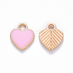 Pink Alloy Enamel Charms, Heart, Light Gold, Pink, 12x10x2mm, Hole: 2mm