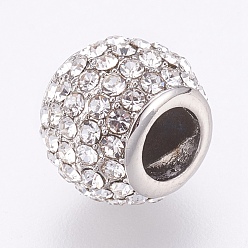 Cristal 304 acier inoxydable perles européennes, Perles avec un grand trou   , avec strass, rondelle, couleur inox, cristal, 10x8mm, Trou: 4.5mm