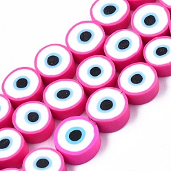 Camellia Handmade Polymer Clay Beads Strands, Flat Round with Evil Eye, Camellia, 8~11x4mm, Hole: 1.2mm, about 40pcs/strand, 13.98 inch~ 15.35inch(35.5cm~39cm)