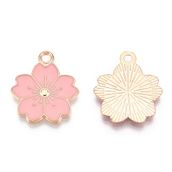 Pink Alloy Enamel Pendants, Sakura Flower, Light Gold, Pink, 20.5x17.5x1.5mm, Hole: 2mm