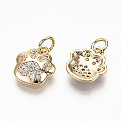 Real 18K Gold Plated Brass Micro Pave Clear Cubic Zirconia Charms, with Jump Rings, Nickel Free, Dog Paw Prints, Real 18K Gold Plated, 11.5x10.5x2.5mm, Jump Ring: 4.5x0.7, Inner Diameter: 3mm