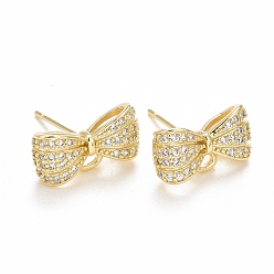 Real 14K Gold Plated Rack Plating Brass Micro Pave Cubic Zirconia Earring Findings, with Loop, Cadmium Free & Lead Free, Long-Lasting Plated, Bowknot, Real 14K Gold Plated, 8x15x5mm, Hole: 1.7mm, Pin: 0.8mm
