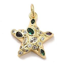 Colorful Brass Micro Pave Cubic Zirconia Pendants, with Jump Ring, Long-Lasting Plated, Real 18K Gold Plated, Star, Colorful, 17x16x4mm
