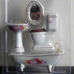 Blanc Ensemble de miroir de baignoire de lavabo de toilette de salle de bains en porcelaine mini, miniature paysage salle de bain modèle maison de poupée accessoires décorations, blanc, 42~52x118x62~88mm, 4 pièces / kit