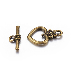 Antique Bronze Tibetan Style Toggle Clasps, Lead Free and Cadmium Free, Heart, Antique Bronze, Heart: 21mm long, 13mm wide, hole: 2mm, Bar: 16.5mm long, hole: 1.5mm