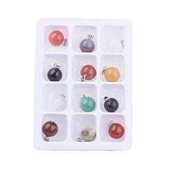 Mixed Color Gemstone Pendants, with Brass Clasps, Mixed Stone, Round, Mixed Color, 18x14mm, Hole: 6x2mm, 12pcs/box