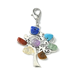 Mixed Stone Tibetan Style Alloy Pendant Decorations, with Natural Chakra Mixed Gemstone Chips and Lobster Claw Clasps, Tree of Life, 58mm