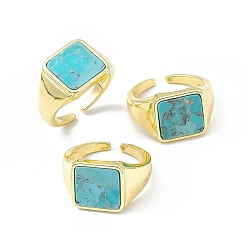 Natural Turquoise Natural Turquoise Square Open Cuff Ring, Golden Brass Jewelry for Women, Cadmium Free & Lead Free, Inner Diameter: 16mm