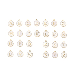 Белый Буквица a ~ z алфавит эмалевые брелоки, плоские круглые диски двусторонние брелоки, позолоченные эмалированные подвески из сплава с пайетками, белые, 14x12x2 мм, отверстие : 1.5 мм, 26 шт / комплект