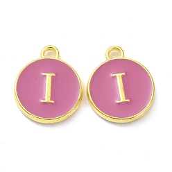 Letter I Golden Plated Alloy Enamel Charms, Cadmium Free & Lead Free, Enamelled Sequins, Flamingo, Flat Round with Letter, Letter.I, 14x12x2mm, Hole: 1.4mm