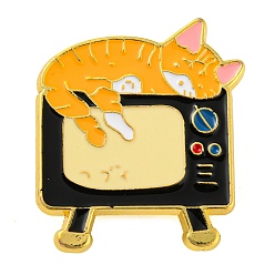 Furniture & Appliances Golden Zinc Alloy Brooches, Cartoon Cat Enamel Pins, Television, 30x26x1.6mm