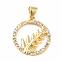 Clear Rack Plating Brass Micro Pave Cubic Zirconia Pendants, Long-Lasting Plated, Real 18K Gold Plated, Ring with Leaf, Clear, 21.5x19x2mm, Hole: 3.2x4.5mm