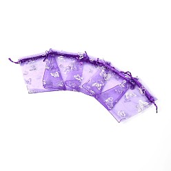 Темно-Фиолетовый Сумка из органзы с кулиской, ювелирные сумки, на свадьбу конфетные мешки, прямоугольник с бабочки, темно-фиолетовый, 12x9 см