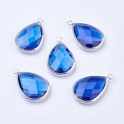 Dodger Blue Silver Color Plated Brass Glass Teardrop Pendants, Faceted, Dodger Blue, 18x10x5mm, Hole: 2mm