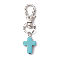 Turquoise Synthetic Turquoise Cross Pendant Decorations, with Alloy Swivel Lobster Claw Clasps, Turquoise, 50mm