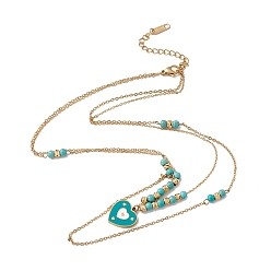 Cœur Collier double couche avec breloques en émail et perles de turquoise synthétique, 304 collier de bohème de chaînes de câble en acier inoxydable pour les femmes, or, motif de coeur, cœur: 15.5x15x2 mm, 16 pouce (40.5 cm)