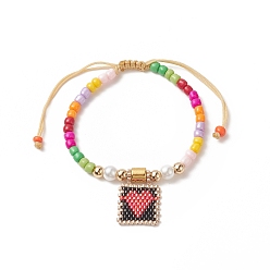 Noir Bracelet en perles de verre tressées, bracelet rectangle avec breloque coeur pour femme, noir, diamètre intérieur: 2~3-1/8 pouce (5~8 cm)