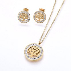 Golden 304 Stainless Steel Jewelry Sets, Pendant Necklaces and Stud Earrings, with Polymer Clay Rhinestone, Flat Round with Tree of Life, Golden, 17.32 inch(44cm), 14x2mm, Pin: 0.8mm