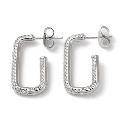 Platinum Rectangle Brass Cubic Zirconia Stud Earrings, Half Hoop Earrings, Long-Lasting Plated, Lead Free & Cadmium Free, Platinum, 25x14x3mm