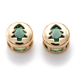 Verde Eslabones de múltiples hebras de circonita cúbica con incrustaciones de latón bañado en oro real 18 k, Redondo plano con el árbol de Navidad, verde, 8x5.5 mm, agujero: 3.2x2.2 mm