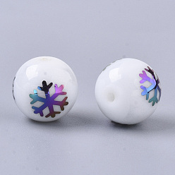 Plaqué Multicolore Perles de verre opaque de Noël, rond avec motif de flocon de neige galvanoplastie, multi-couleur plaquée, 10mm, Trou: 1.2mm