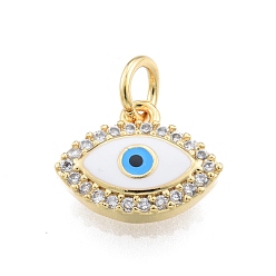 White Brass Micro Pave Clear Cubic Zirconia Charms, with Enamel and Jump Rings, Golden, Evil Eye, White, 10x12x2.5mm, Hole: 3mm