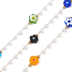 Colorful 304 Stainless Steel Link Chains, with ABS Plastic Imitation Pearl Beads & Resin Flower, Unwelded, Colorful, 2x1.4x0.2mm