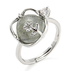 Лабрадорита Регулируемое кольцо круглой формы с натуральным лабрадором и цветком, платиновое латунное кольцо с хрустальными стразами, внутренний диаметр: 18 мм