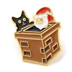 Oro Alfileres navideños de Papá Noel, chimenea y gato esmaltados para mujer, broche de aleación para ropa de mochila, dorado, 32x25x1.5 mm