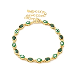 Green Enamel Evil Eye & Glass Oval Link Chain Bracelet, Golden Brass Jewelry for Women, Green, 7-1/4 inch(18.3cm)