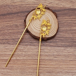 Golden Iron Hair Stick Findings, with Alloy Cabochons Setting, Bamboo, Golden, 155x22x6mm