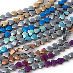 Mixed Color Electroplated Non-magnetic Synthetic Hematite Beads Strands, Faceted, Half Plated, Heart, Mixed Color, 8x8x3mm, Hole: 0.8mm, about 54pcs/strand, 16.14 inch(41cm)