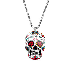Turquoise Stainless Steel Skull with Flower Pendant Necklaces, Halloween Jewelry for Women, Turquoise, 23.62 inch(60cm)