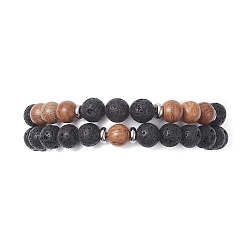 Camel 2Pcs 2 Style Natural Wood & Lava Rock Round Beaded Stretch Bracelets Set for Women, Camel, Inner Diameter: 2-1/4 inch(5.7cm), 1Pc/style
