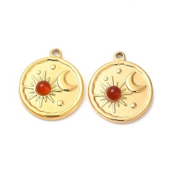 Red Agate Ion Plating(IP) 316 Stainless Steel Flat Round Pendants, Natural Red Agate Sun & Moon Charms, Real 24K Gold Plated, 21.5x18x4.5mm, Hole: 1.6mm
