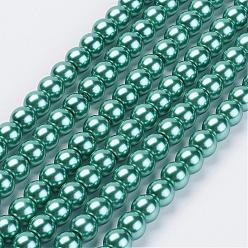 Dark Turquoise Eco-Friendly Glass Pearl Beads Strands, Grade A, Round, Dyed, Cotton Cord Threaded, Dark Turquoise, 14mm, Hole: 1.2~1.5mm, about 30pcs/strand, 15.7 inch