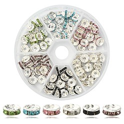 Mixed Color 120Pcs 6 Colors Iron Flat Round Spacer Beads Sets, Silver Color, with Rhinestone, Mixed Color, 8mm, 20pcs/color