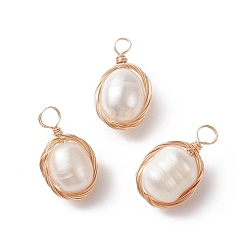 Pearl Natural Cultured Freshwater Pearl Pendants, Potato Charms, with Light Gold Tone Copper Wire Wrapped, 19.5~20x11.5~12x9mm, Hole: 3~4mm
