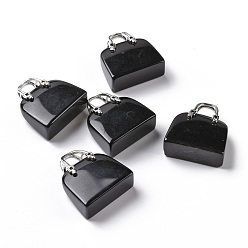 Obsidienne Pendentifs en laiton d'obsidienne noire naturelle, platine, sac, 27.5x25x10mm, Trou: 6mm