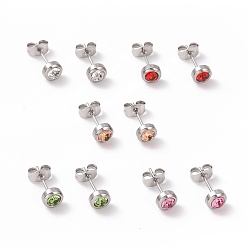 Mixed Color Rhinestone Column Stud Earrings, Stainless Steel Color Plated 304 Stainless Steel Jewelry for Women, Mixed Color, 15x6mm, Pin: 0.8mm
