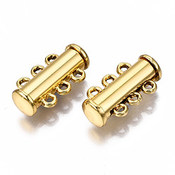 Golden 3-Strands Brass Magnetic Slide Lock Clasps, 6-Hole, Tube, Golden, 19.5x10.5x6.5mm, Hole: 1.4mm